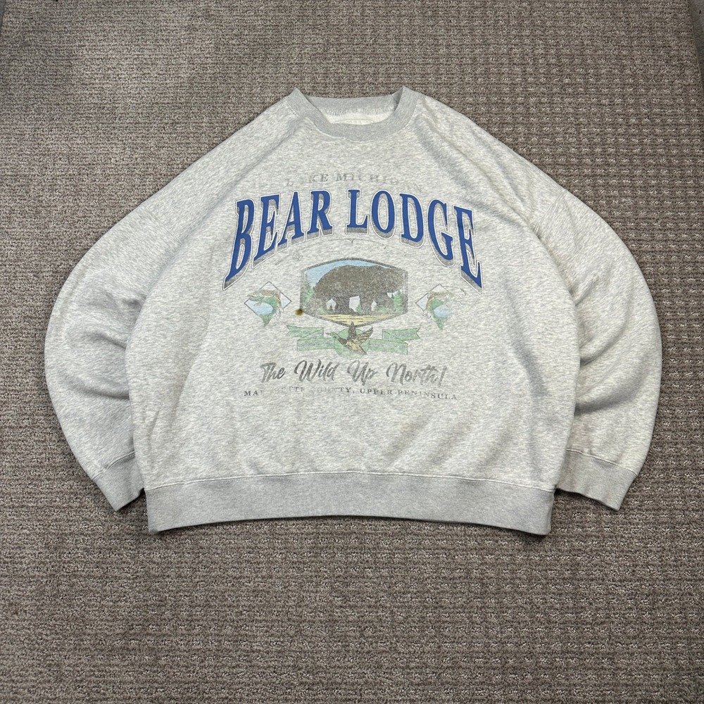Y2K Abercrombie & Fitch Bear Lodge Lake Michigan Graphic Sweatshirt Grey XL